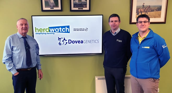 FRS Network CEO Peter Byrne, Dovea General Manager Dr Ger Ryan and Herdwatch CEO Fabien Peyaud