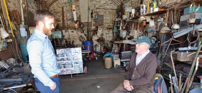 James Greevy (Herdwatch) and Tony Bergin in his workshop CROPPED